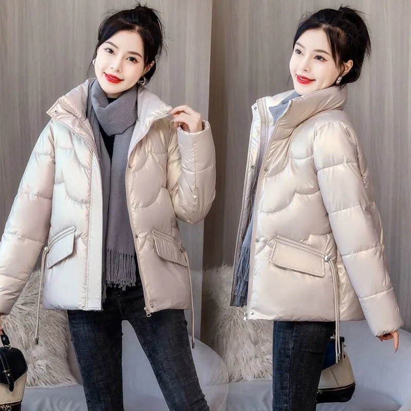 Jaket pendek wanita, parka musim gugur musim dingin 2023 tebal hangat disambung ukuran besar gaya Korea longgar Puffer pakaian luar