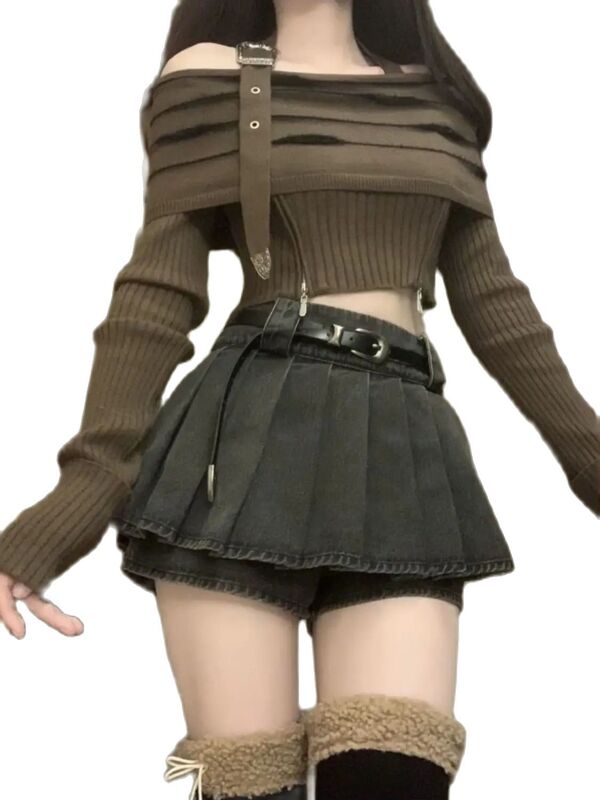 Y2k seksi 2 potong sweter rajut wanita baru rok jalanan Tinggi manis Korea setelan baju rok celana Mini wanita 2024