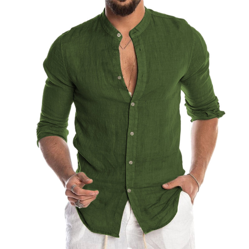 Рубашка мужская с воротником-стойкой, повседневная однобортная мешковатая блузка из хлопка и льна, с длинными рукавами, на пуговицах, одежда для мужчин