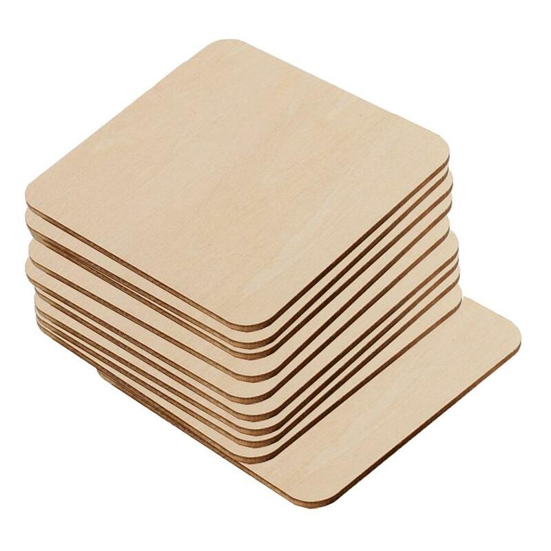 10x DIY Square Wood Slices Round Edge Unfinished Wooden Painting Ornaments