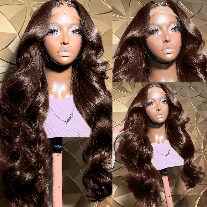 Perruque Lace Front Wig Body Wave Brésilienne Naturelle Cheveux Humains, Brun Chocolat, 13x4, 13x6, Densité 250, 30 36 Pouces, pour Femme