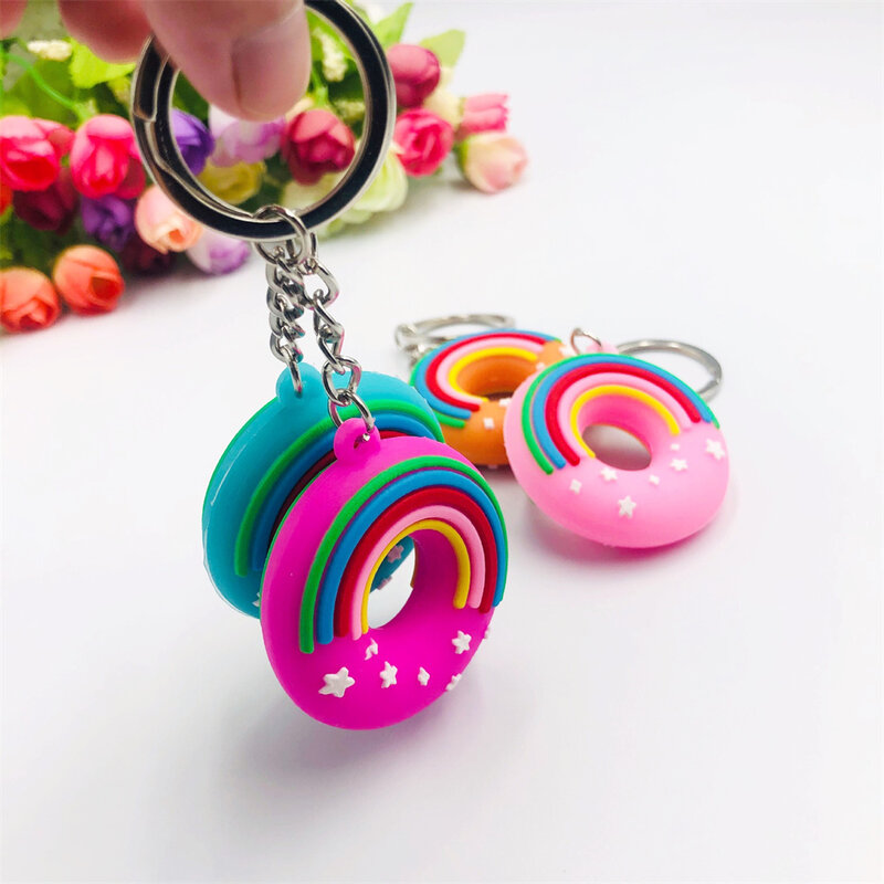Criativo arco-íris chaveiro para a menina, bonito donuts encantos, pingente chaveiro para achados de jóias, saco artesanal, chaveiro do carro, novo