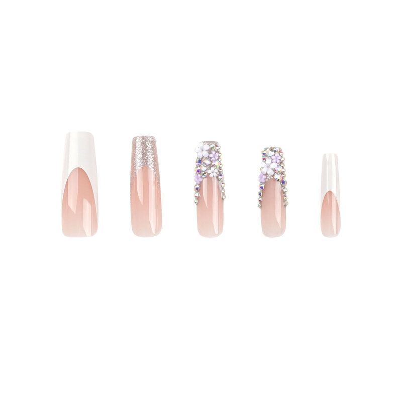 French False Nail for Women Rhinestones Decor White Tips Resin Artificial Nail for Women and Girl Party Activity