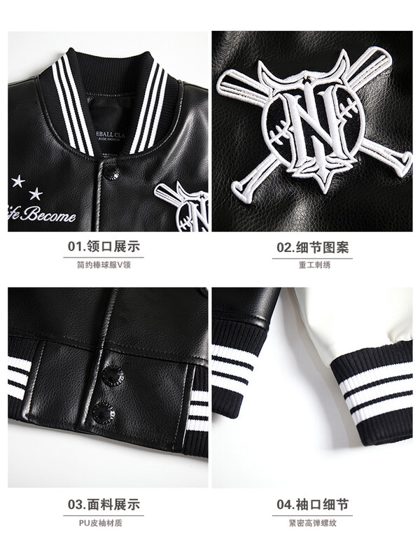 Korea Fashion Baseball Uniform Women Couple Motorcycle Jacket Contrast Stitching PU Leather Jacket Badge Embroidery UNISEX Coat