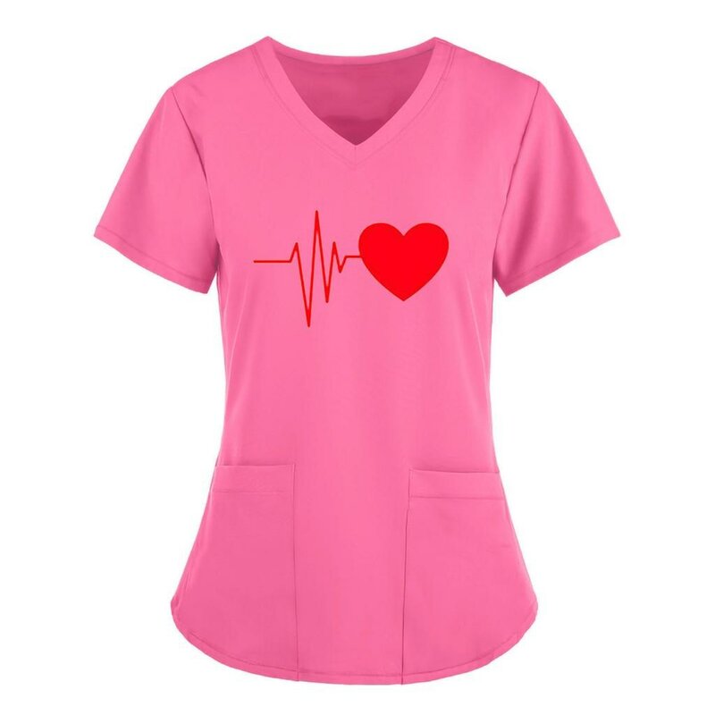Women Working Uniform Print Pocket Pet Grooming Nurse Uniform Solid Short Sleeve Spa V-neck Scrub Tops Healthcare Carer Tunic