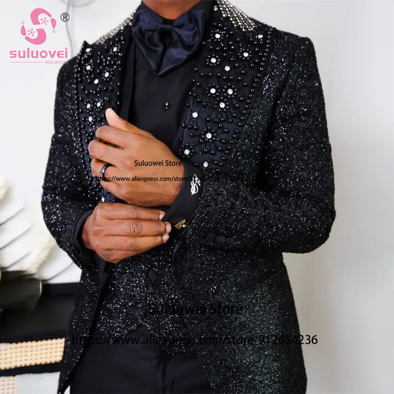 Błyszczące cekinowe kryształowe koraliki garnitury dla mężczyzn luksusowy Slim Fit 3-częściowy zestaw spodni ślubny na imprezę bal smoking blezer Masculino