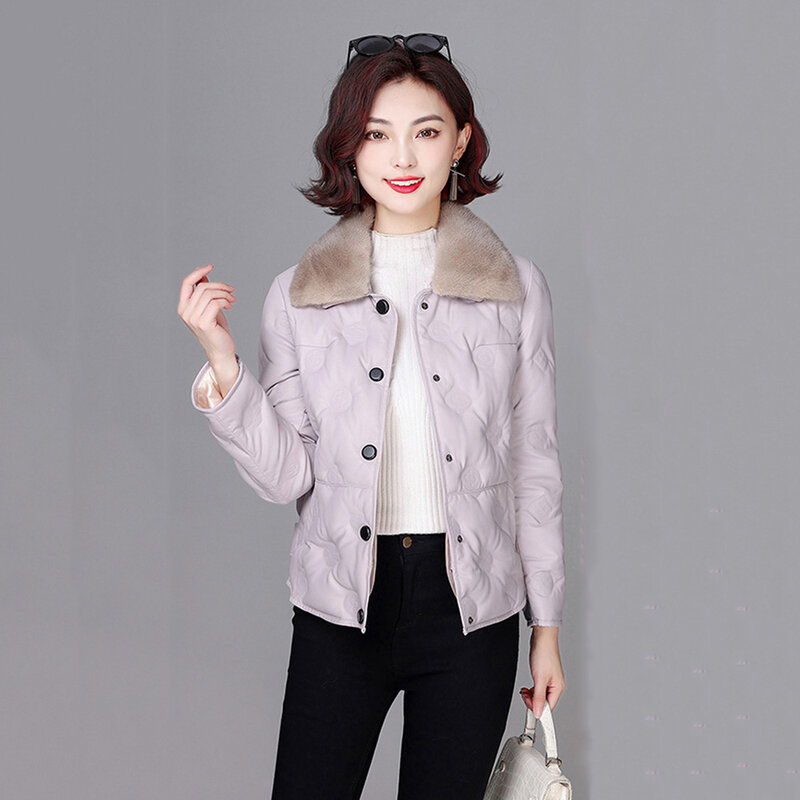 New Women Leather Down Jacket Winter Casual Fashion Warm Mink Fur Collar Pattern Embossing Short Loose Sheep Leather Down Coat