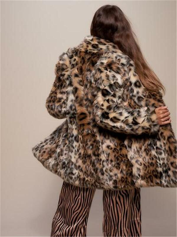 Abrigo de piel sintética con estampado de leopardo para mujer, chaqueta de lana suelta, abrigo de felpa medio largo y grueso, ropa de otoño e invierno