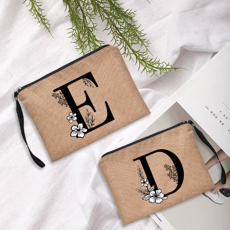 Bolsa de cosméticos con estampado de letras para mujer, bolsa organizadora clásica de lino con cremallera, bolsa de almacenamiento de viaje, regalo