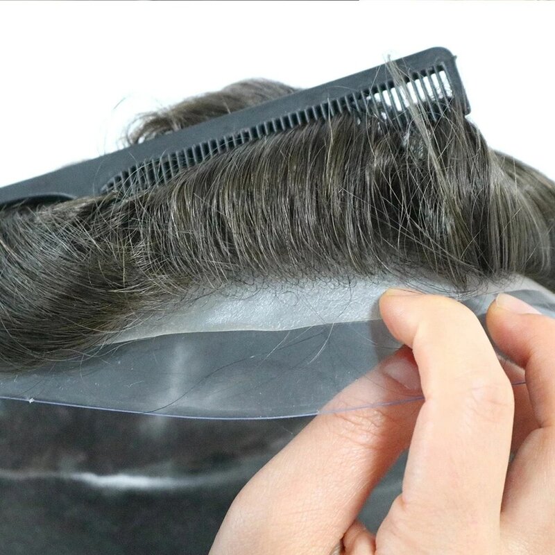 Indian Remy Hair Men Toupee Gray Natural Hairline Thin Skin Full PU Males Wig 0.06-0.08mm Replacement Systems