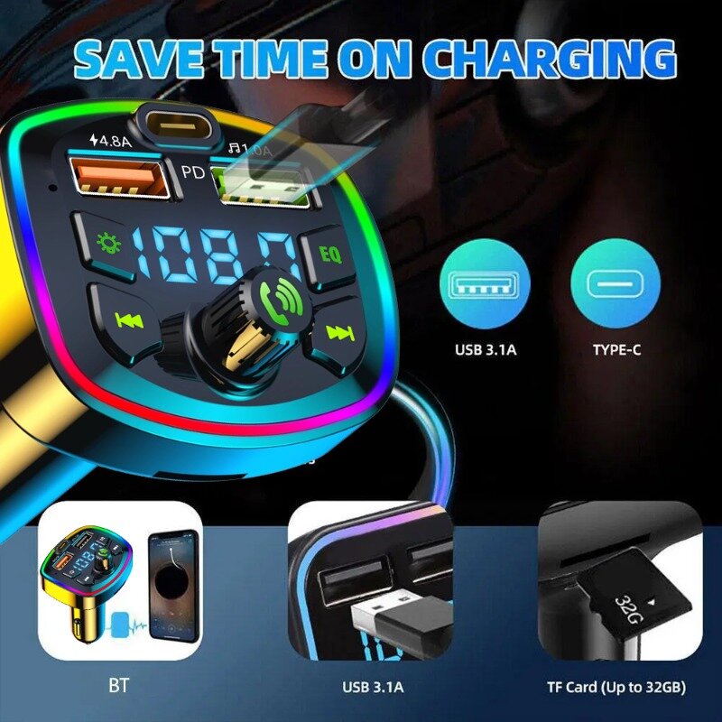 Многофункциональное автомобильное зарядное устройство PD для быстрой зарядки с Bluetooth 5,0 на MP3-плеер, яркая атмосфера, автомобильное зарядное устройство для автомобиля, 2 в 1, автомобильное зарядное устройство