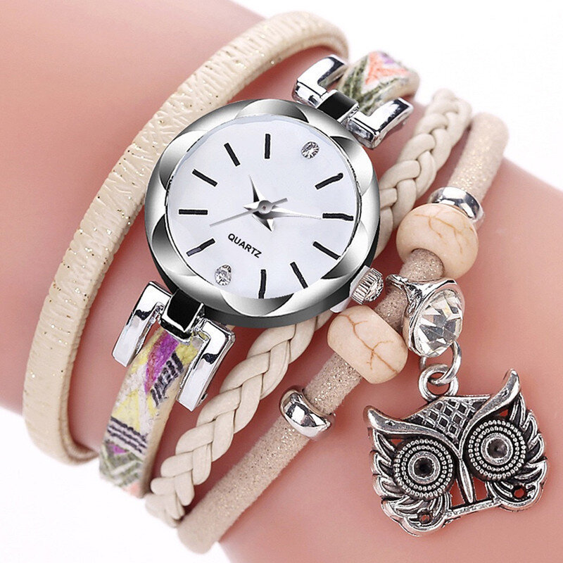 여성용 수제 니트 시계, 빈티지 올빼미 펜던트 팔찌 시계, 작은 다이얼, 긴 스트랩 쿼츠 손목시계, Relogio Mujer