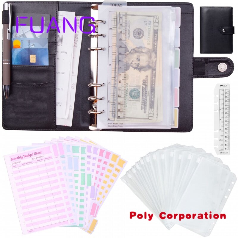 Custom Savings Challenge Book Black PU Leather Cover 6 Ring Cash Stuffing Binder Orçamento Com Caixa Envelopes Planner
