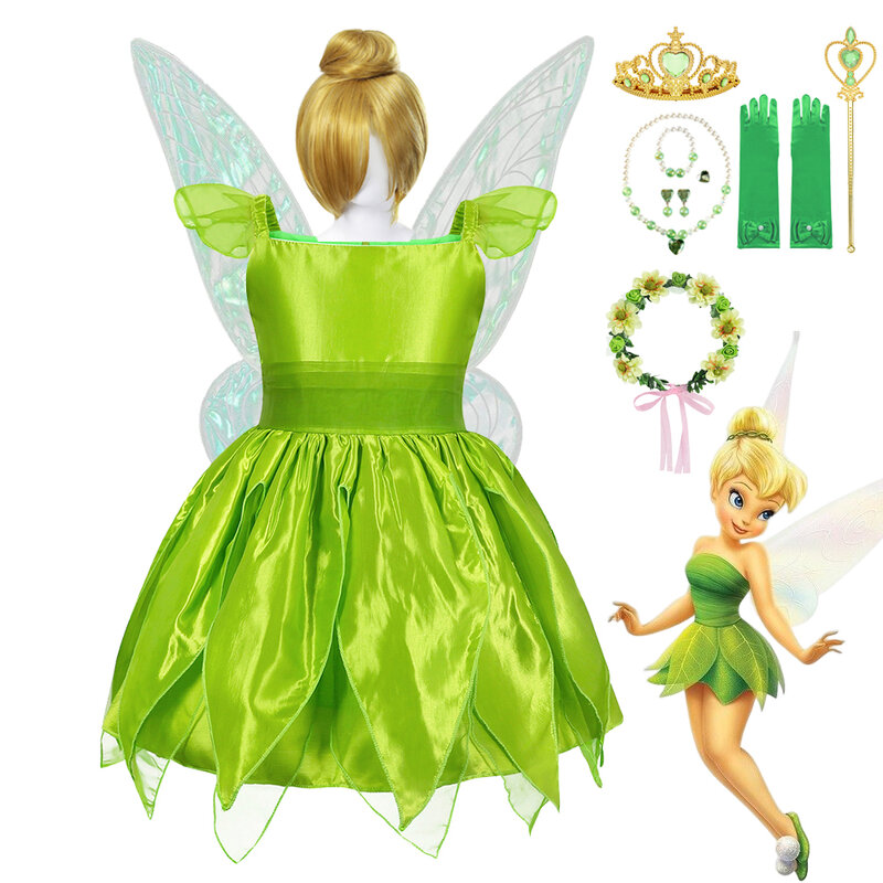 Disney-disfraz de elfos de Hada de TinkerBell para niñas, vestido de princesa de Cosplay con alas, vestidos de fiesta de cumpleaños elegantes para niños