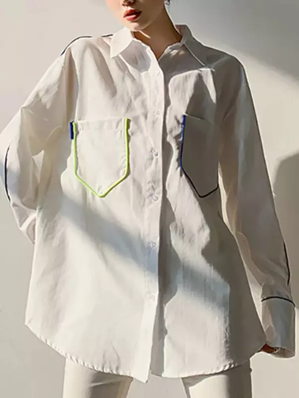 Solid Color Women Loose Collar Shirt Spring Korean Fashion Design Versatile Long Sleeved Contrasting Color Women's Shirt Top