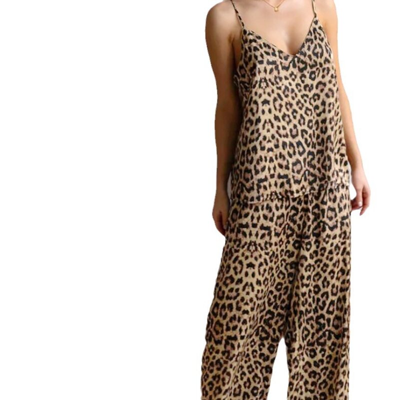 Пикантный топ с открытой спиной и леопардовым принтом + брюки с эластичным поясом, комплект из 2 предметов, летний женский комплект, Тонкий Повседневный свободный пижамный комплект для домашней одежды