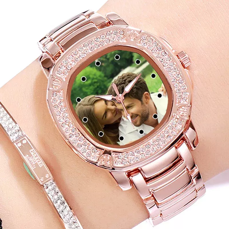 Montre-bracelet photo personnalisée pour femme, montre personnalisée bricolage, document doré, image imprimée, horloge personnalisée, cadeau pour petite amie