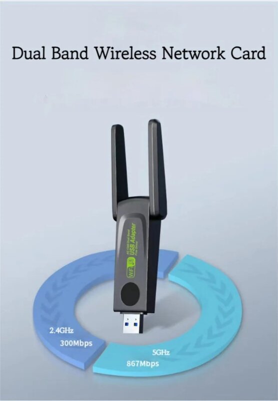 Dongle WiFi 1300Mbps, penerima nirkabel antena kuat untuk PC Laptop Driver 2.4G/5Ghz Wi-Fi 802.11AC