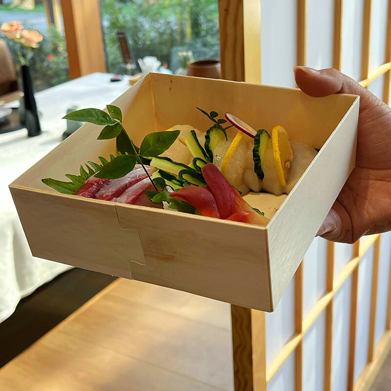 Op Maat Gemaakte Producten Eco Cake Verpakking Wegwerp Lunch Japanse Stijl Sushi Box Houten Afhaaldoos Lunchbox