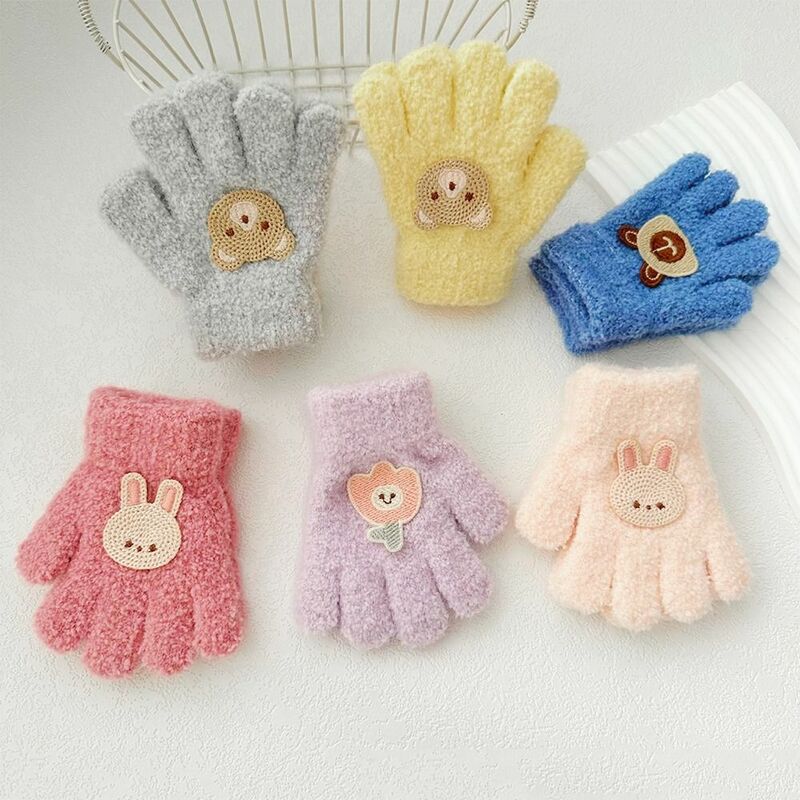 ถุงมือขนฟูสำหรับเด็กทารกลายกระต่ายถุงมือถักลายดอกไม้หนาสไตล์เกาหลีถุงมือรูปการ์ตูนเต็มนิ้วสีทึบ
