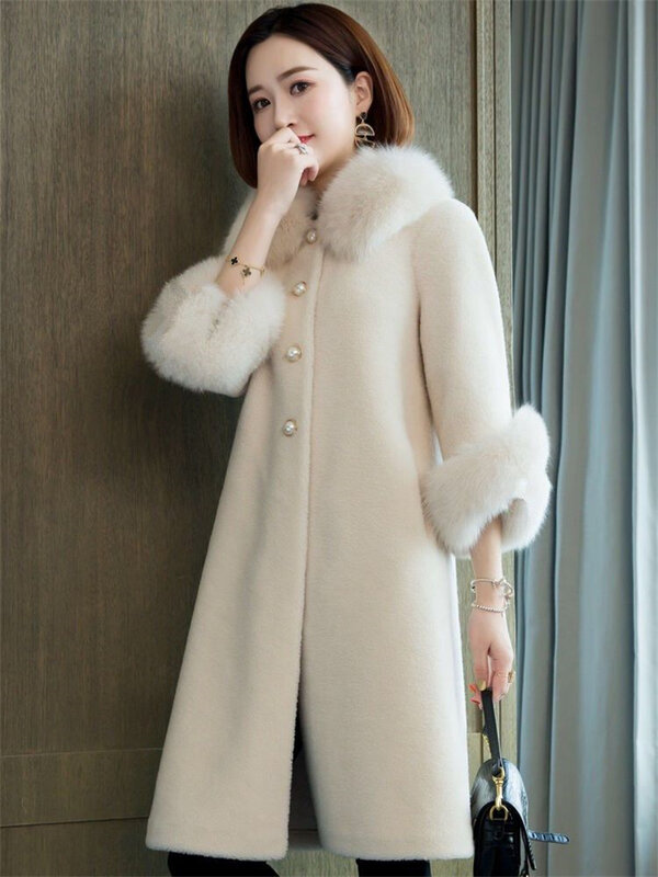 Autumn Winter New Imitation Sheep Fleece Coat Women's Mid-Long Imitation Fox Fur Collar Loose Grain Fleece Faux Fur Coat Pink