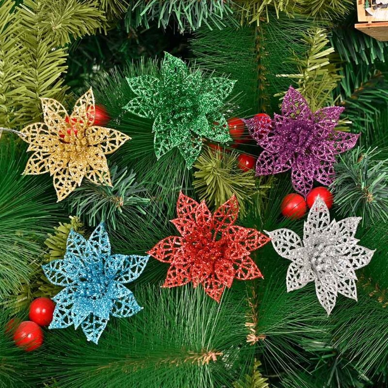 6 Stück Weihnachts-Glitzerblumen, dekorative künstliche Blumen für Weihnachtskranz, Baumschmuck, DIY-Urlaubsdekoration