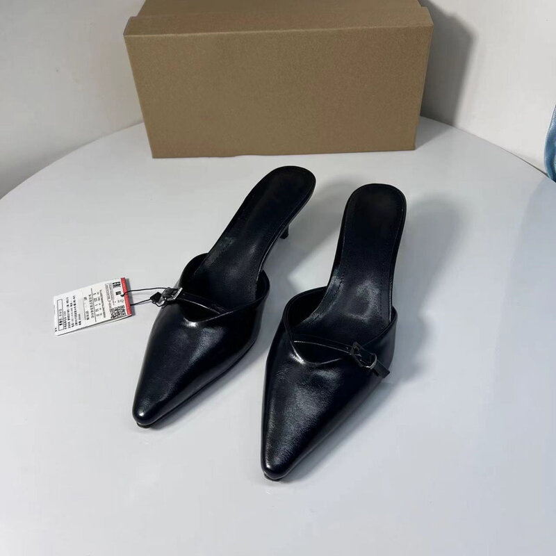 Pantoufles en Cuir Laqué Noir pour Femme, Chaussures avec Dos Creux, Sandales à Talons Moyens, Nouvelle Collection