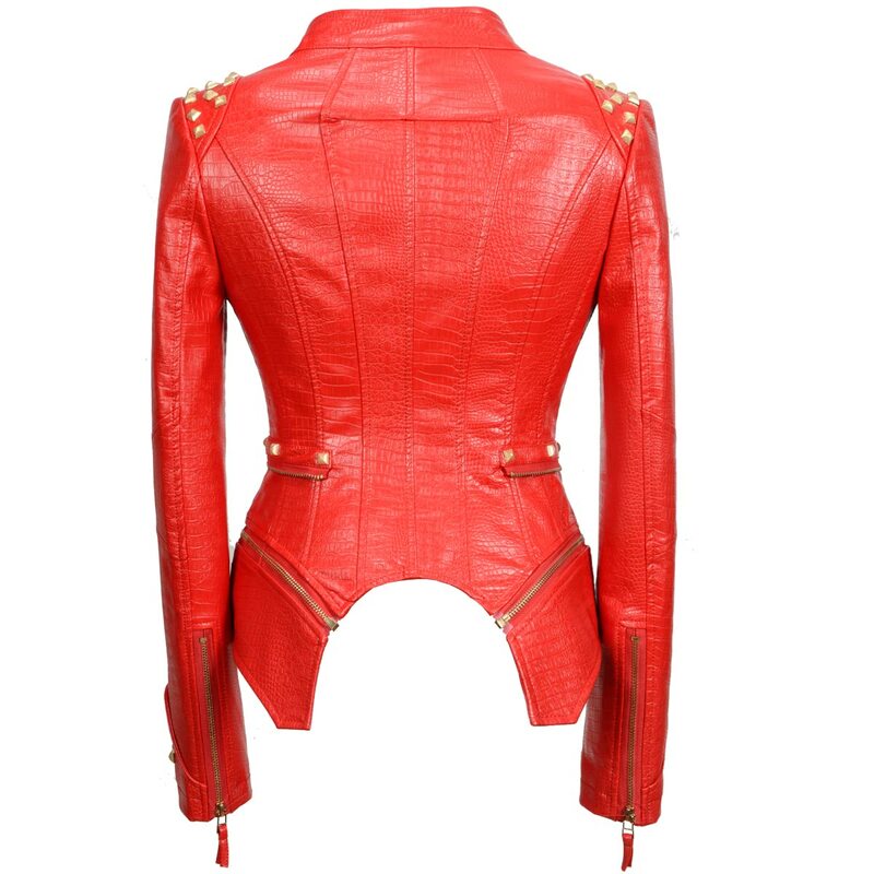 Fashion jaket kulit buatan wanita, atasan sepeda motor Steampunk tahan angin Slim Fit, mantel kulit buatan pola ular paku keling
