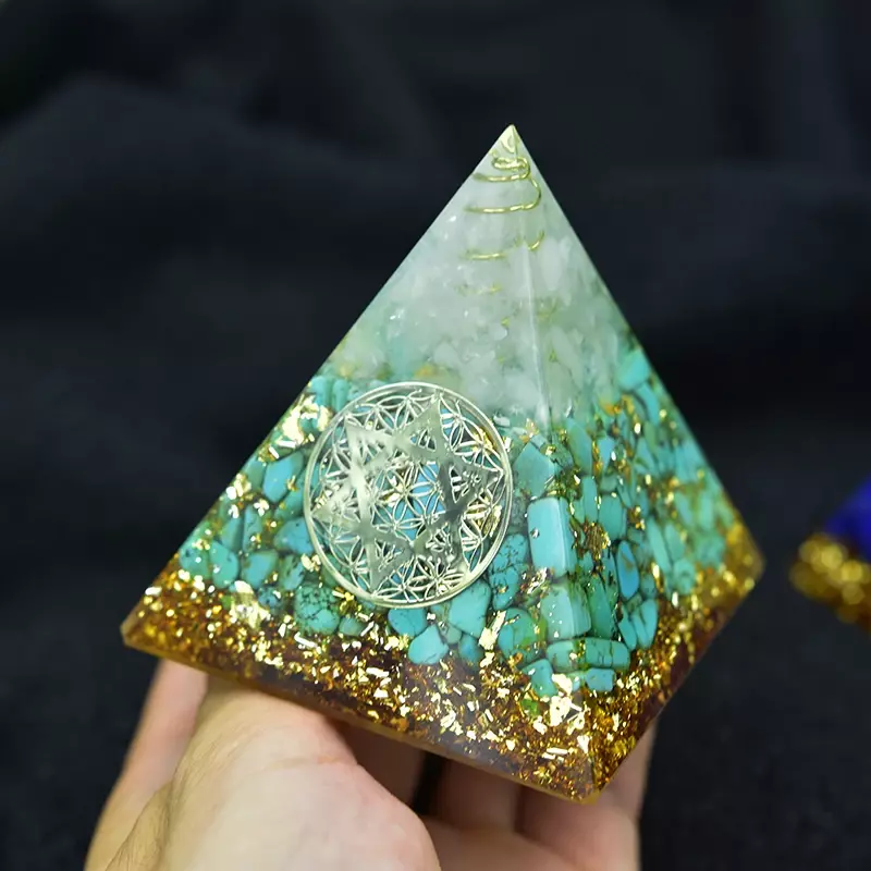 Orgonite Pyramid Anahata Chakra Sandalphon Life Potential Natural Turquoise Resin Pyramid Crafts Decoration C0173