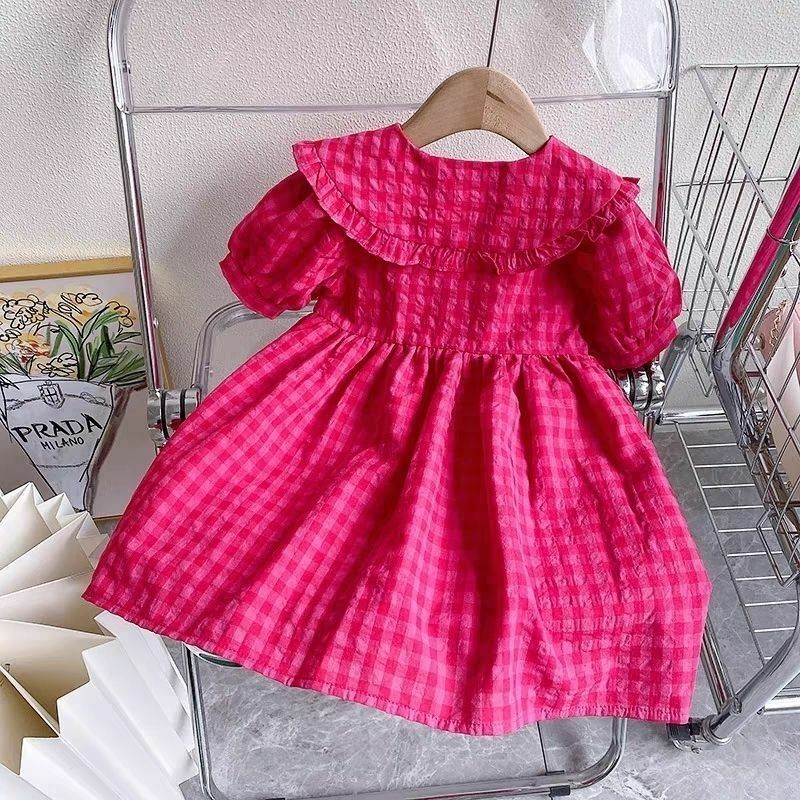 Kinder karierte Prinzessin Kleid Sommer neue koreanische Ausgabe Baby Mädchen Puppen hals Kurzarm Kleid