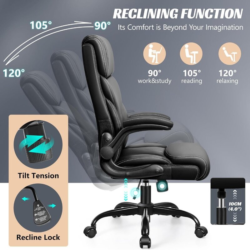 Office Chair, Ergonomic Big and Tall Computer Desk Chairs, Executive Breathable Leather Chair with Adjustable High Back Flip-up