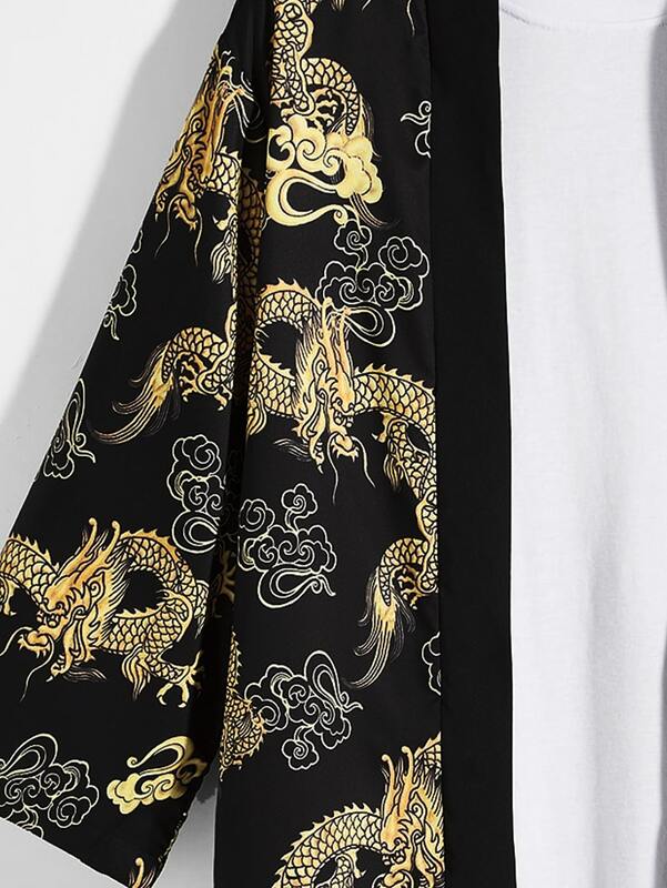Men's Dragon Print Kimono Japanese Long Sleeve Loose Comfortable Yukata Japanese Clothing Haori Cardigan