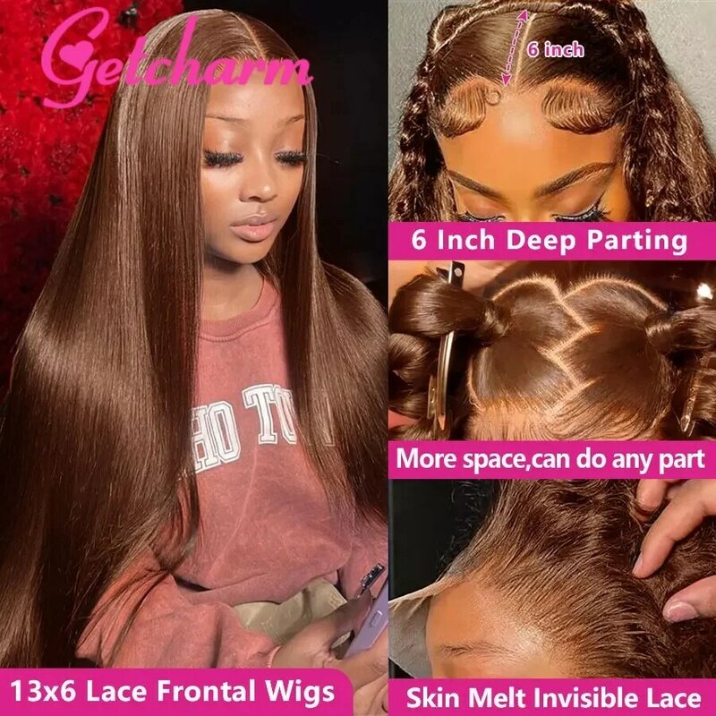 Peluca de cabello humano liso para mujer, postizo de encaje Frontal 13x4 HD, color marrón Chocolate, 13x6, sin pegamento, listo para usar
