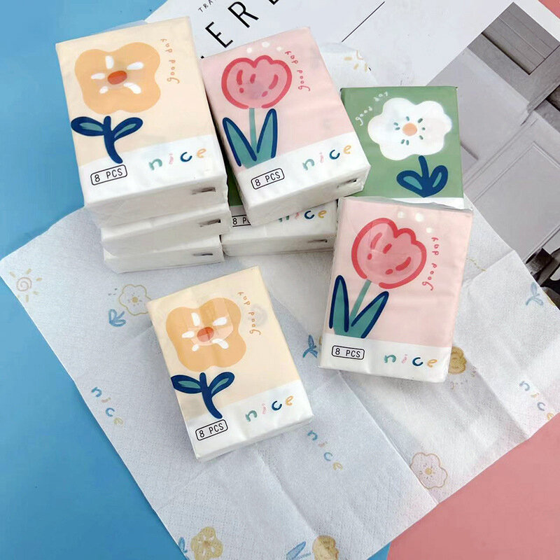 9 Packs Cute Flower Printed Handkerchiefs Portable Small Packs Facial Tissue Natural Wood Pulp Napkin Paper Hand Towel
