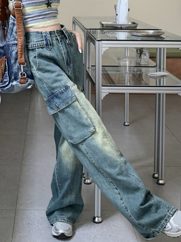 Jeans Vrouwen Hoge Taille Zak Vintage Losse Lente Zomer Vrijetijdsbesteding Koreaanse Stijl Gewassen Gebleekt Kantoor Dame Eenvoudig Solide