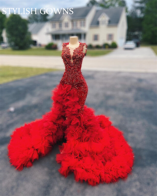 Red O Neck Long Prom Dress For Black Girls 2023 Beaded Crystal Birthday Party Dresses Ruffles Evening Gowns Mermaid High Slit