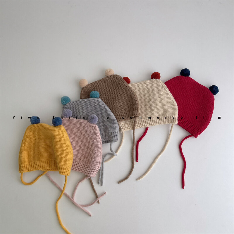 Topi telinga tali pengikat kecil lucu, topi rajut bayi laki-laki dan perempuan warna polos musim gugur dan musim dingin