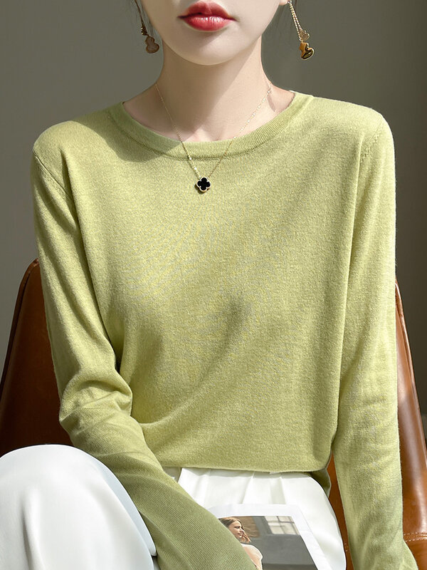 Jersey de lana de Merino para mujer, Jersey de punto de manga larga con cuello redondo, camisa informal fina para primavera y verano, novedad de 00%