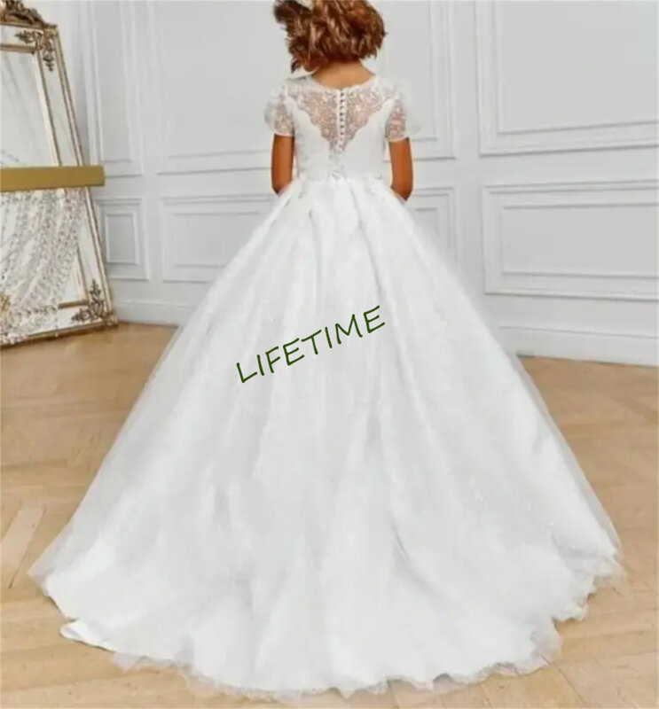 Vestido de encaje blanco para niña, apliques de tul, Princesa, longitud hasta el suelo, fiesta de boda, primera comunión