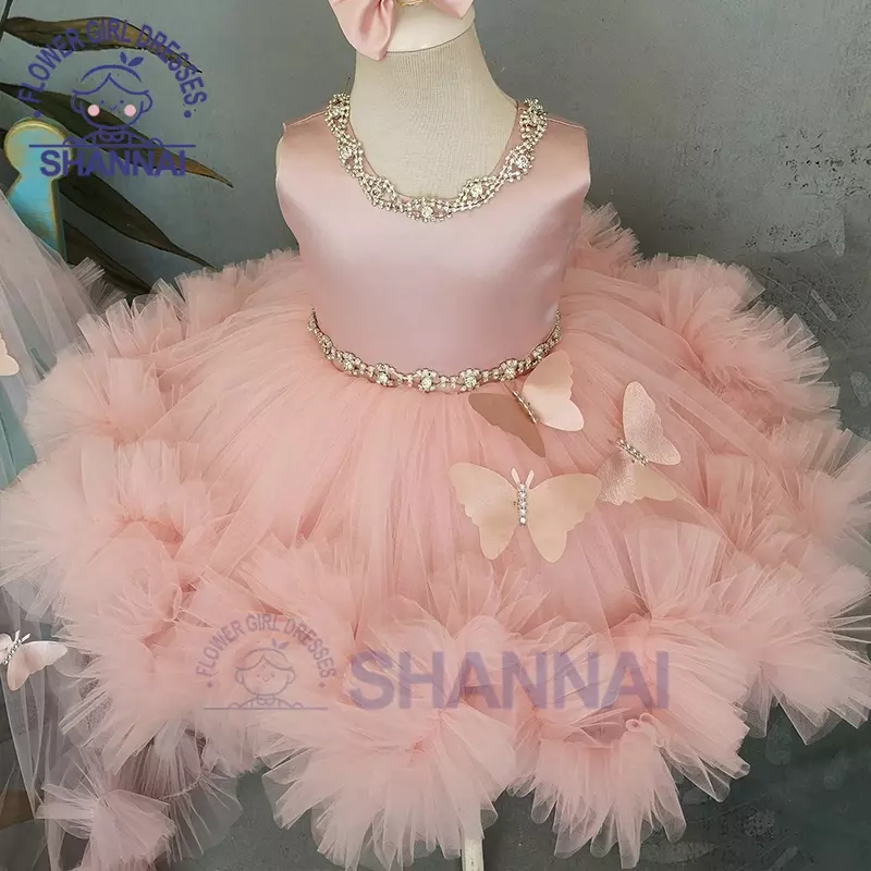 Vestido rosa inchado menina com trem, vestidos de florista, laço, vestido de aniversário infantil, primeira comunhão, fofo