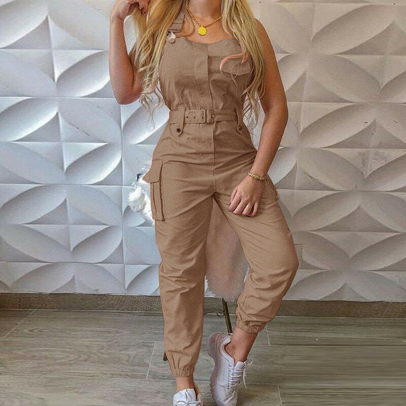 2024 New Style Women Solid Cargo Jumpsuit with Waistband Square Collar Sleeveless Overalls Plus Size One Piece Sports Clothes