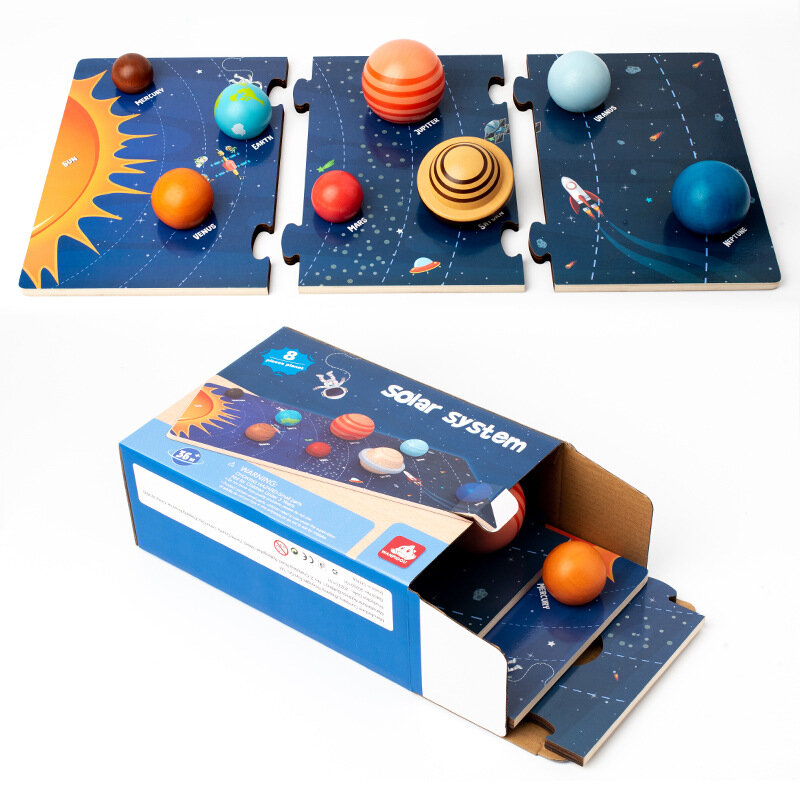 Juguetes de Educación Temprana de madera Montessori para bebé, rompecabezas 3D de ocho planetas, juguete de cognición del universo, Sistema Solar, tablero a juego de planetas