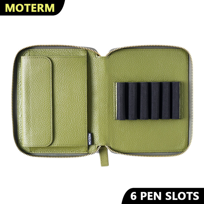 Moterm Genuine Leather Zippered Pen Pouch with 6 Pen Slots and a Snap Fastener Pocket Fountain Pen Case Marker Pen Holder
