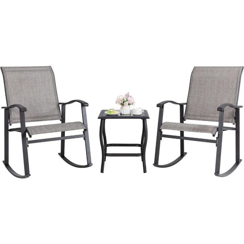 3 Piece Rocking Bistro Set, Outdoor Furniture with Rocker Chairs and Glass Coffee Table Set of 3, Balcony, Porch Furniture