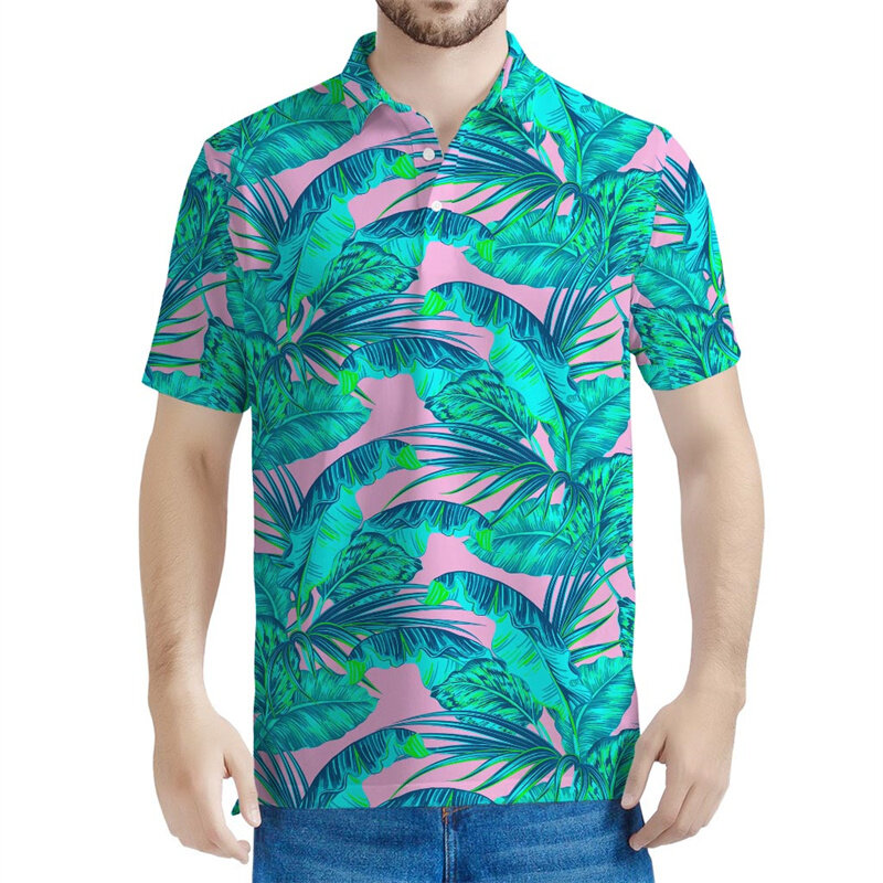 다채로운 열대 잎 그래픽 폴로 셔츠, 3D 프린트 티셔츠, 남성 상의, 오버사이즈 티셔츠, 캐주얼 단추 반팔, 여름