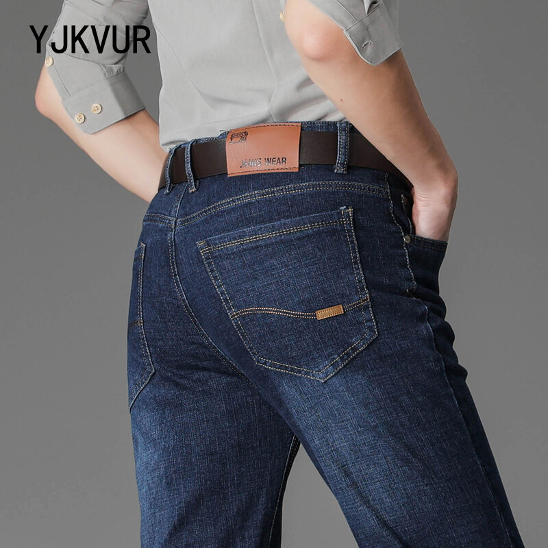 YJKVUR Męskie jeansy 2024 Summer New Pants Straight Blue Jean Baggy Casual Work Denim Pant High Elasticity Wide Leg Business Male