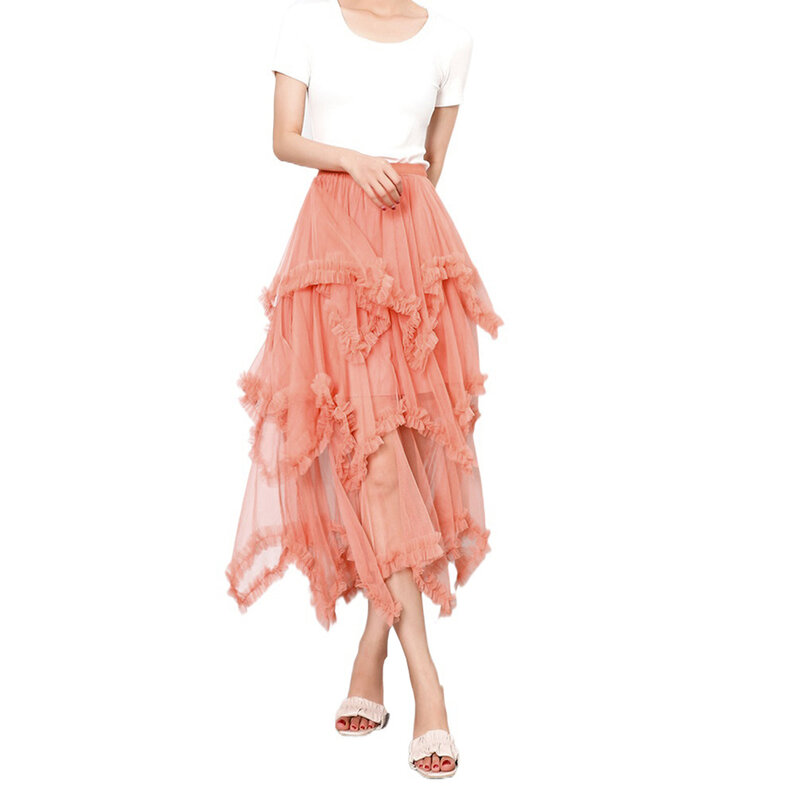 레이어드 튤 드레스 하이 웨이스트 솔리드 컬러 프릴 트림 러플 대형 스윙 퍼프 페어리 거즈 드레스, 숙녀용 가을 패션