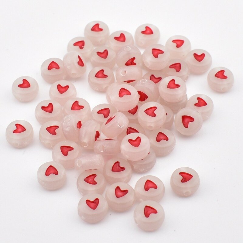 Perles rondes en acrylique pour la fabrication de bijoux, perles d'amour rouges, fond lumineux, beige, bricolage, 7x4x1mm, 50 pièces par lot