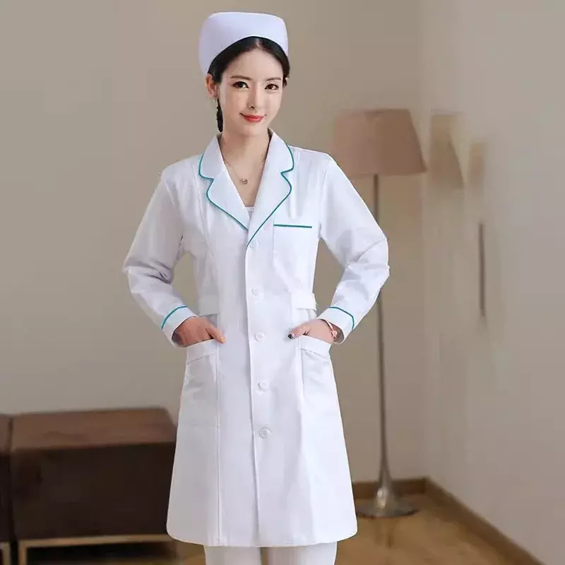 Cappotto bianco Unisex a maniche lunghe all'ingrosso di alta qualità ricamo allentato abiti da lavoro accessori per infermiere camice da laboratorio uniforme medica