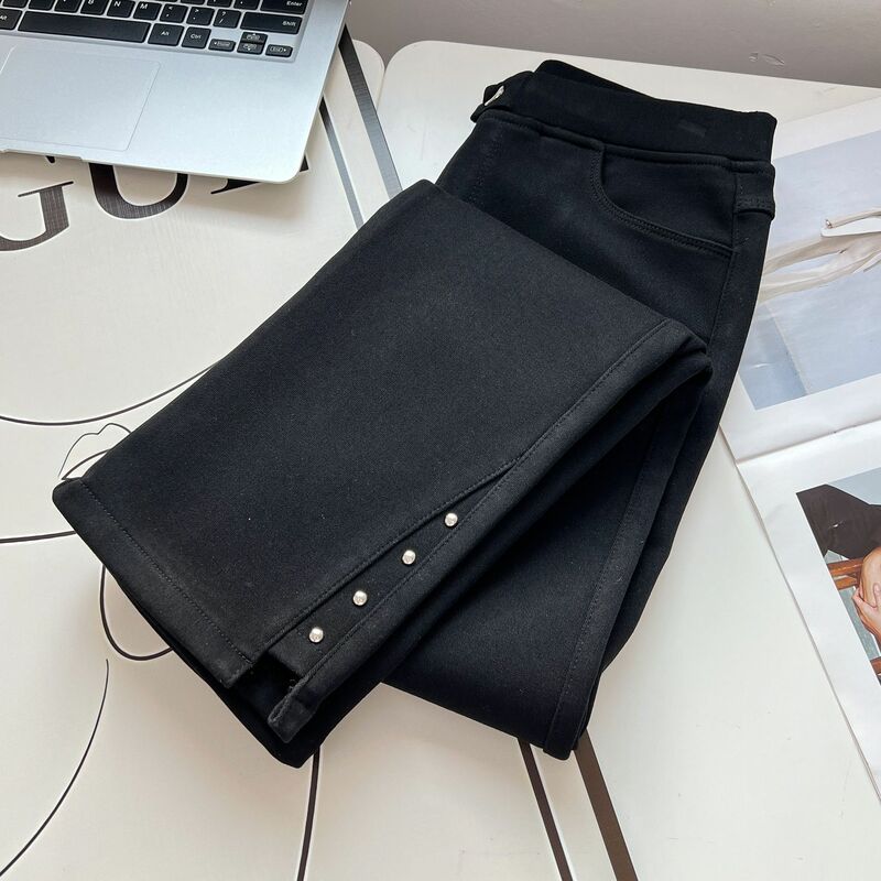 Autumn And Winter 100KG Fleece-lined Warm Thickened Cigarette Pants Plus Size Women's Leg Riveted Casual Slim Black Bottom 1729